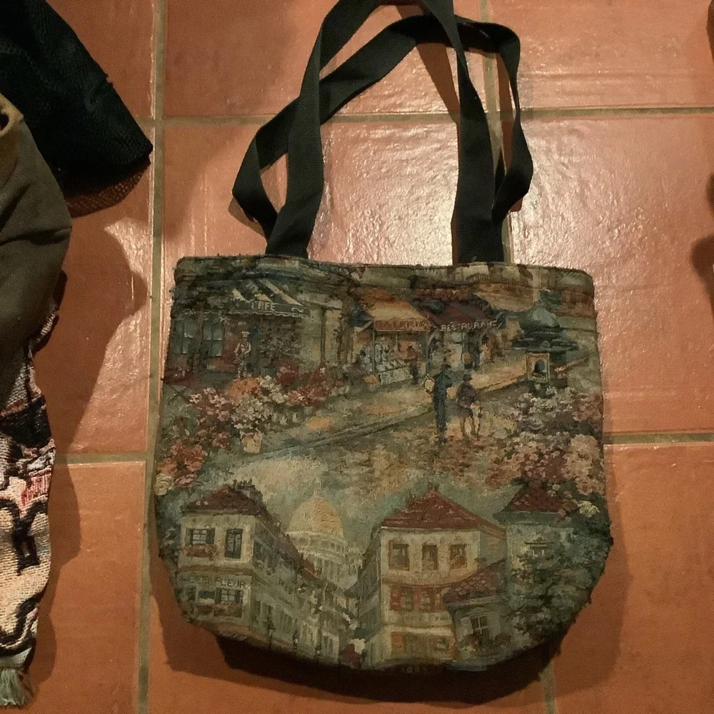 Vintage vtg destination Travel Purse Paris Scene tote bag